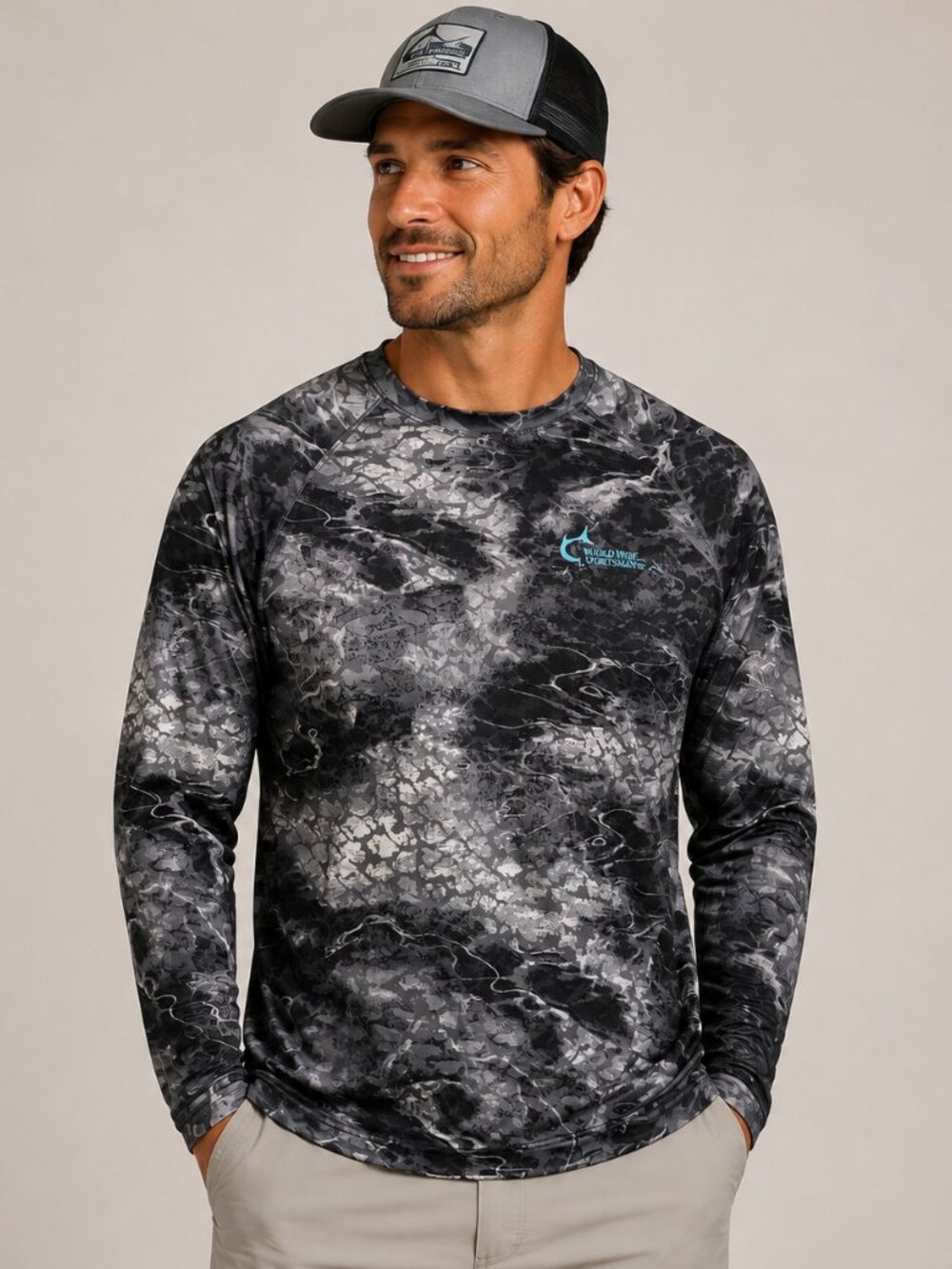 World Wide Sportsman Men's XLT Gray Black Camo Performance Fishing Shirt Long